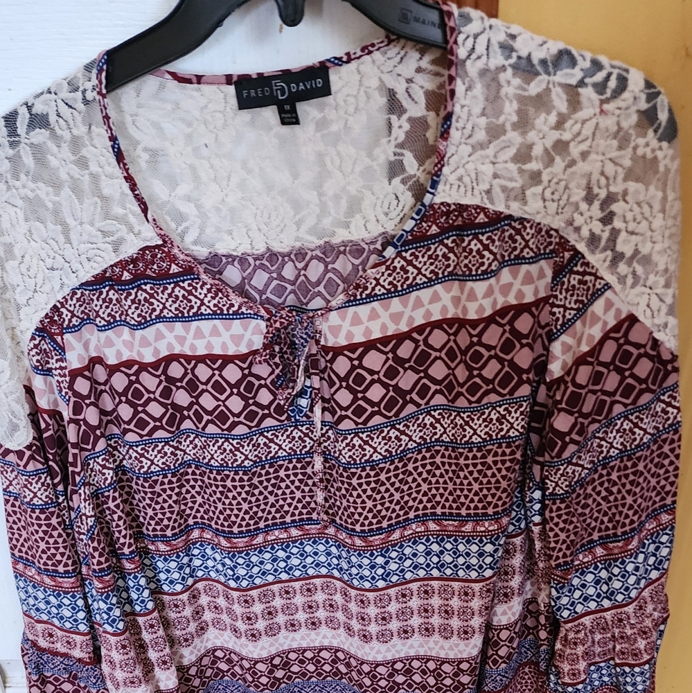 Fred David Women  Peasant Bohemia Blouse with lace detail  -1X